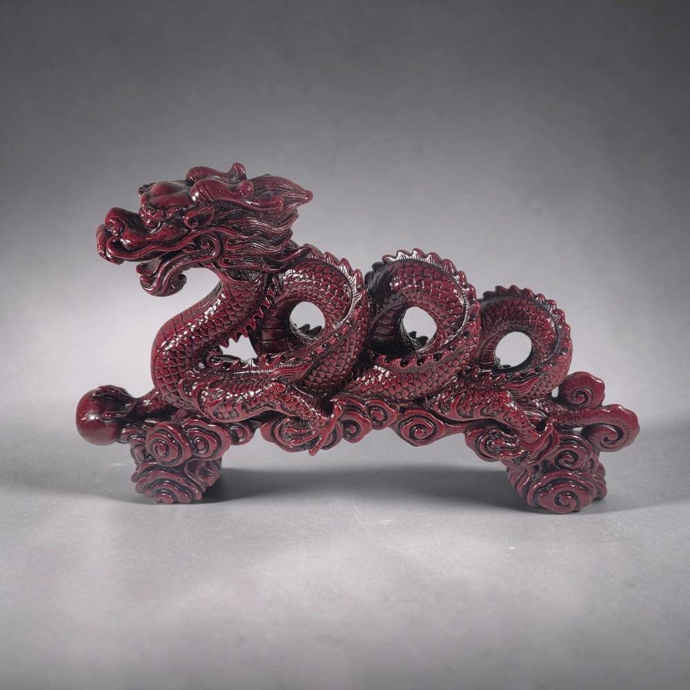 Vintage Dragon Figurine Red Chinese Cinnabar Style Resin Statue Decor Feng Shui